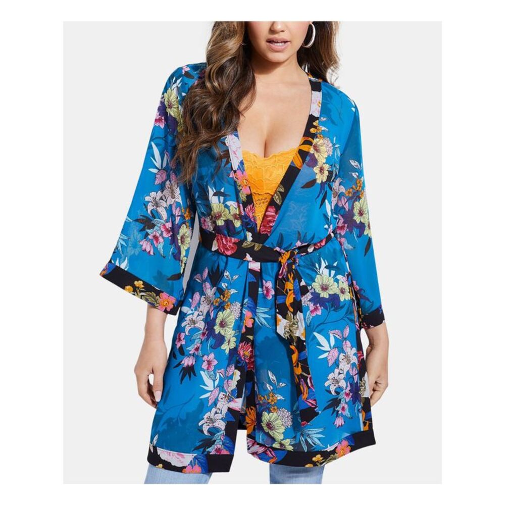NWT GUESS Womens Blue Floral Bell Sleeve V Neck Kimono Top Size: XS\S